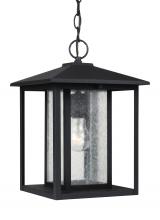 Seagull - Generation 62027-12 - Hunnington contemporary 1-light outdoor exterior pendant in black finish with clear seeded glass pan