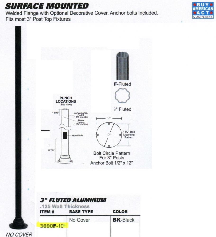10' Fluted Surface Mount Pole Aluminum - PU Only